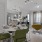 a dining room with green chairs